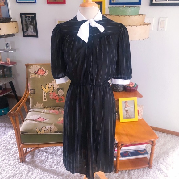 Vintage Dresses & Skirts - SOLD Vintage 1940s Style Dress Black White Stripe Sheer S M Rockabilly Pinup